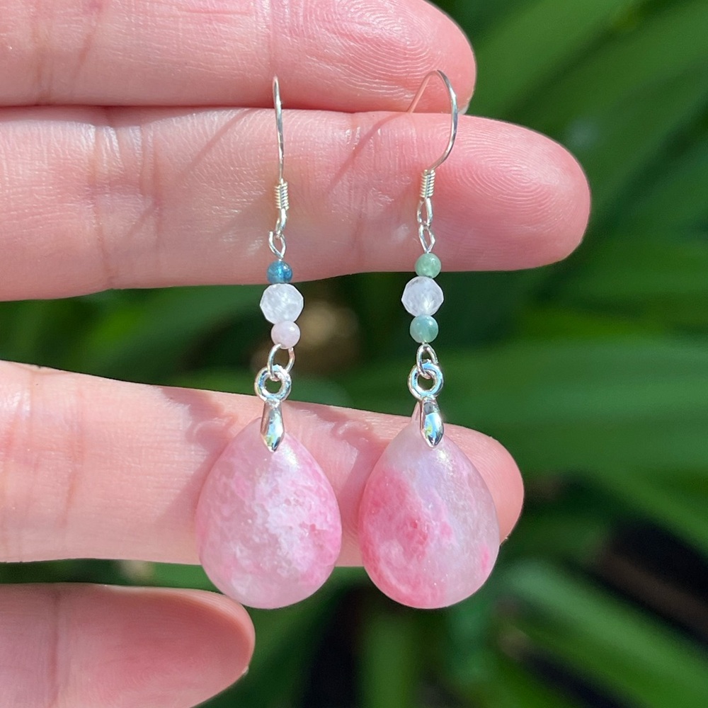 Silver plated pink rhodonite drop earrings 0331